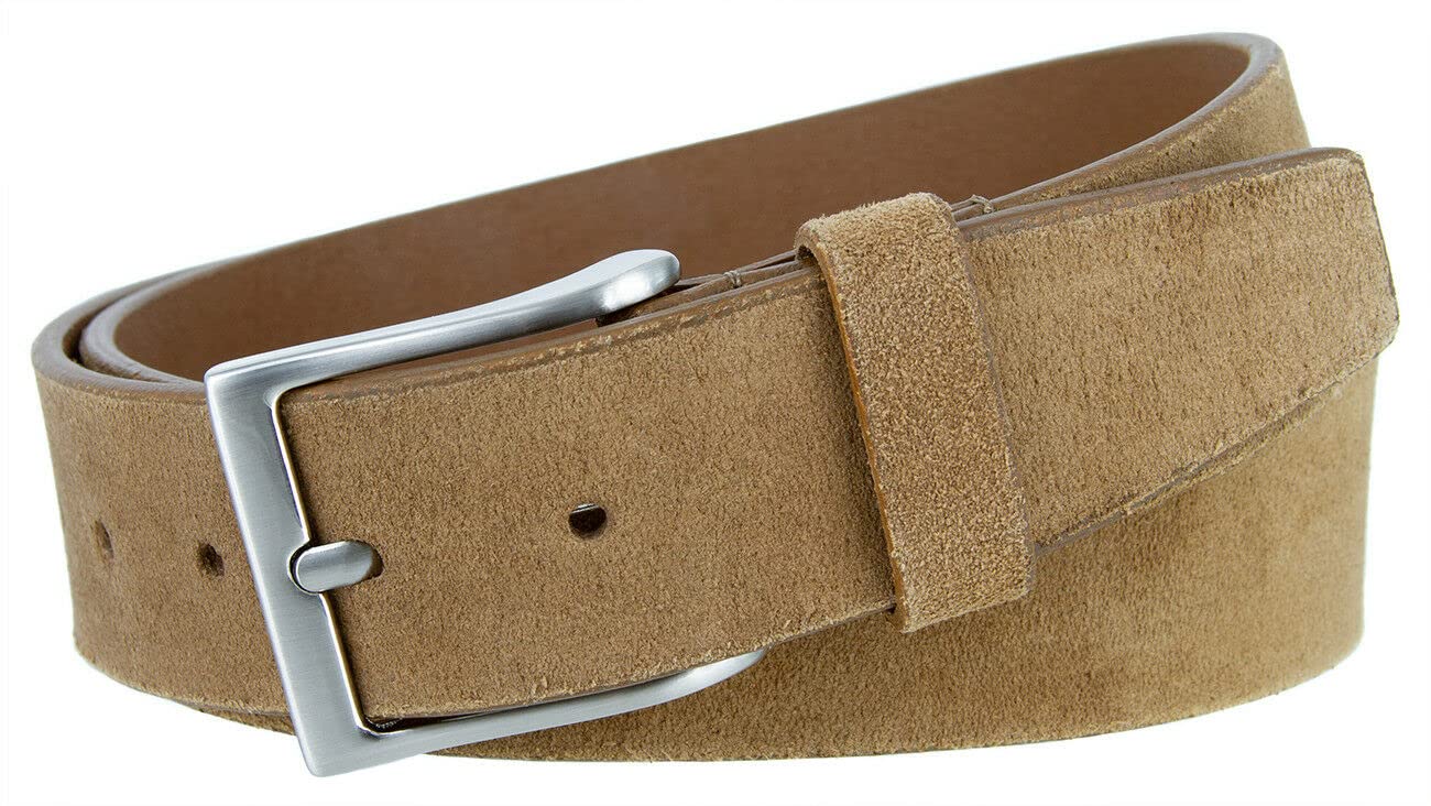 Cowboy Craft Men's Suede Leather Belt Genuine Full Leather Casual Dress Belt 1-3/8" or 1-1/2" Wide (Style B - Taupe, 34)