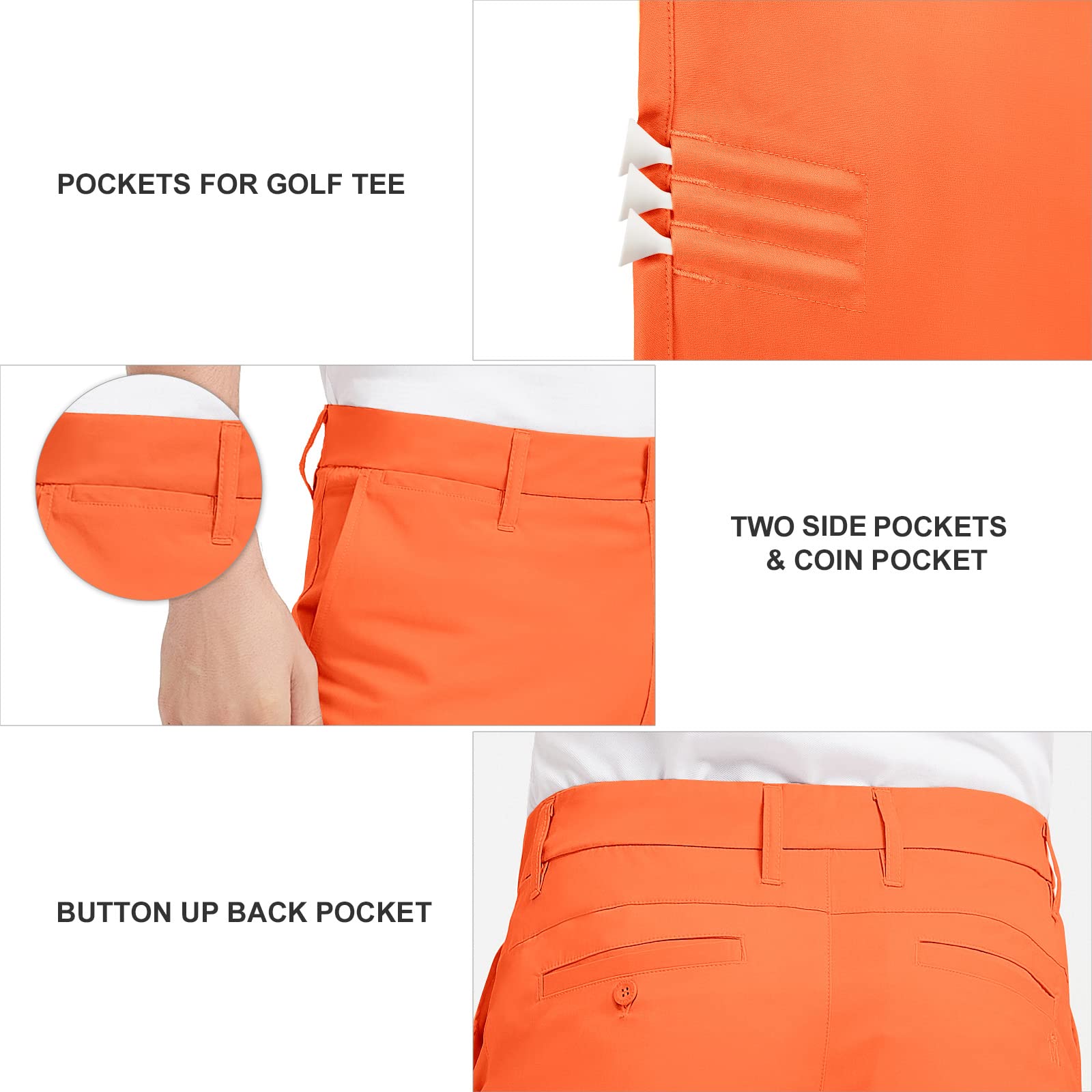 Lesmart Men Golf Pants Expandable Waistband Stretch Relaxed Fit Golf Pants with Pockets Orange 32Wx33L