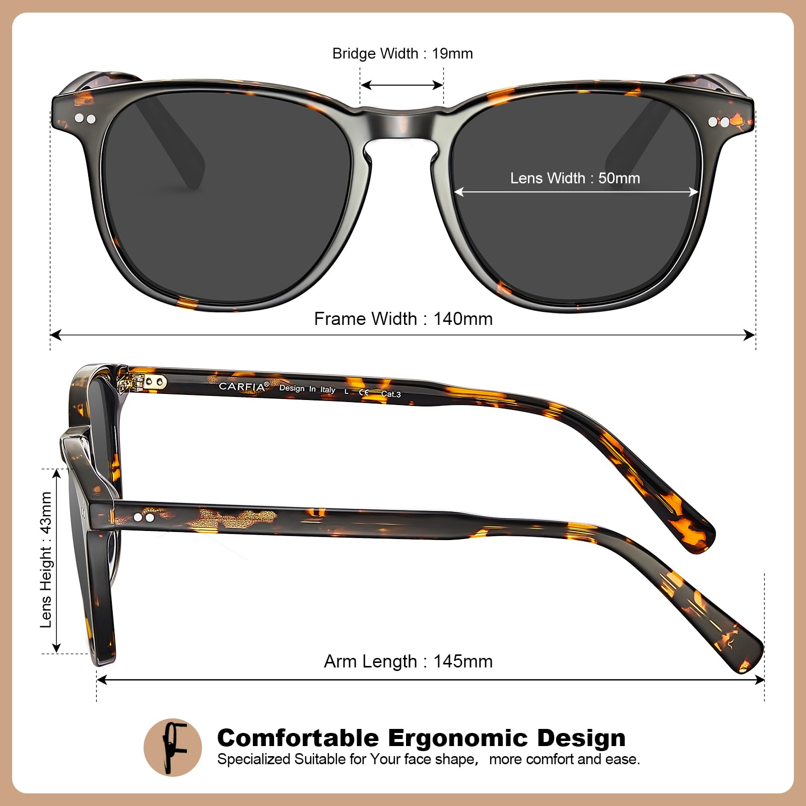 CARFIA Acetate Polarized Sunglasses for Men UV Protection Hand-Crafted Frame CA5285L