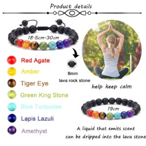 SAMOCO 16Pcs Men Women 8mm Lava Rock 7 Chakras Aromatherapy Essential Oil Diffuser Bracelet Braided Rope Natural Stone Yoga Beads Bracelet Bangle