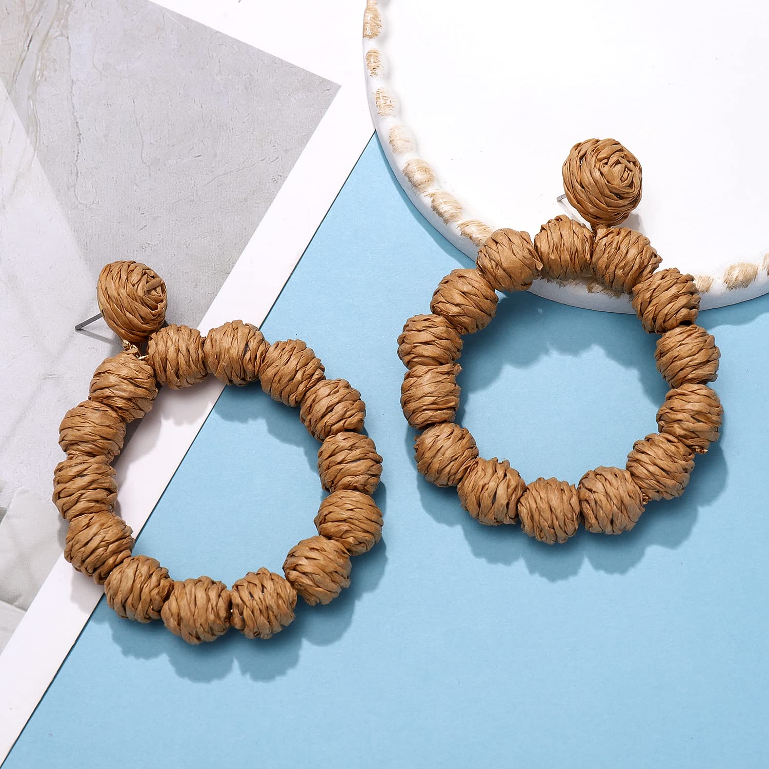 Rattan Zinc Earrings Rattan Ball Hoop Dangle Earrings for Women Handmade Bohemia Earrings Braid Straw Wicker Raffia Earrings Summer Beach Accessory Gifts (Brown)