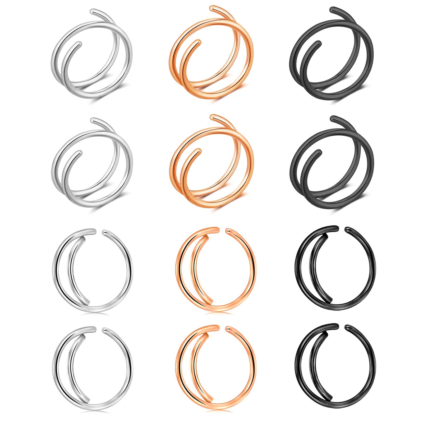 Longbeauty 12pcs Double Nose Hoop Ring for Single Piercing Nose Hoop Twist Nose Ring Hoop For Women Spiral Nose Hoop For Girls Nostril Piercing Jewelry