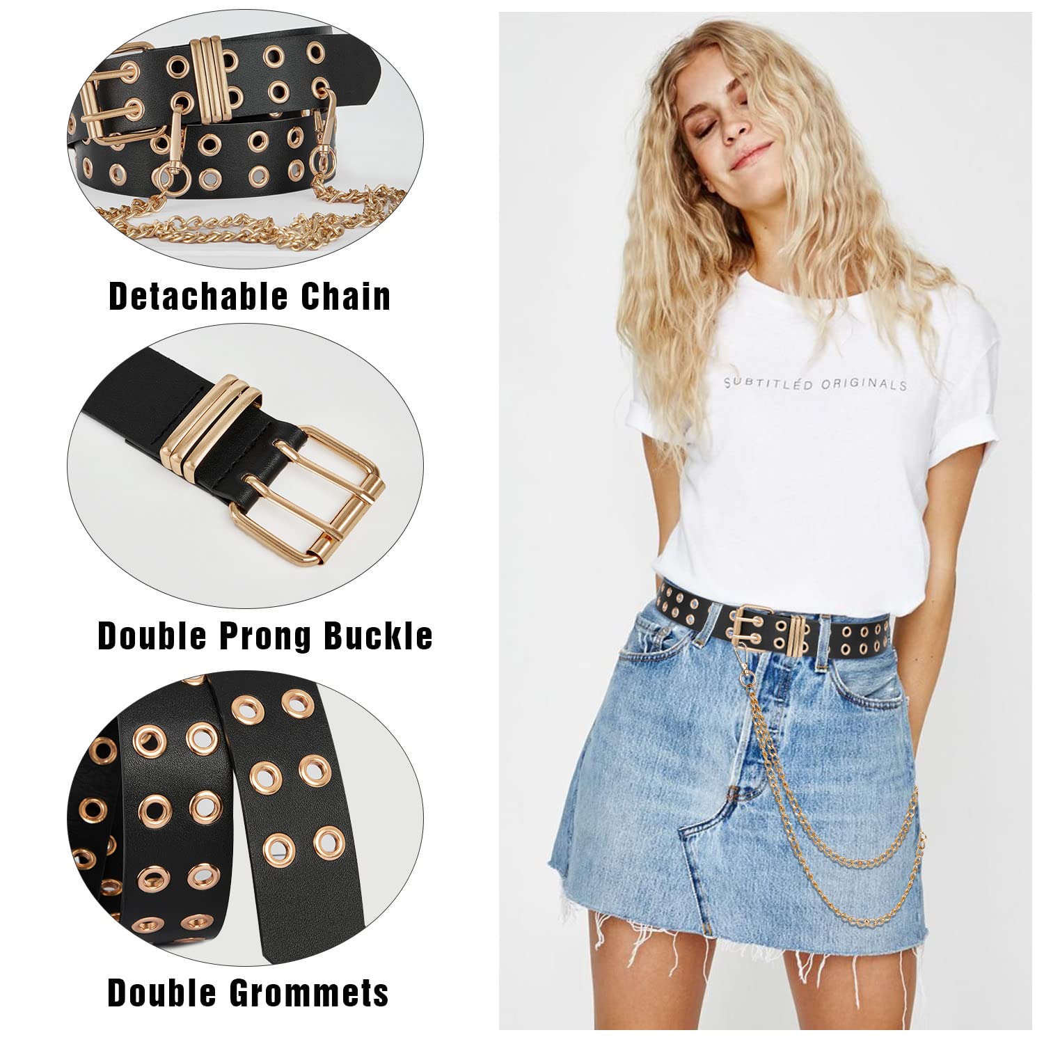 FIORETTO Double Grommet Leather Belt with Detachable Chain Women Men Punk Rock Waist Belts for Jeans Pants Double Holes (With Gold Chain)