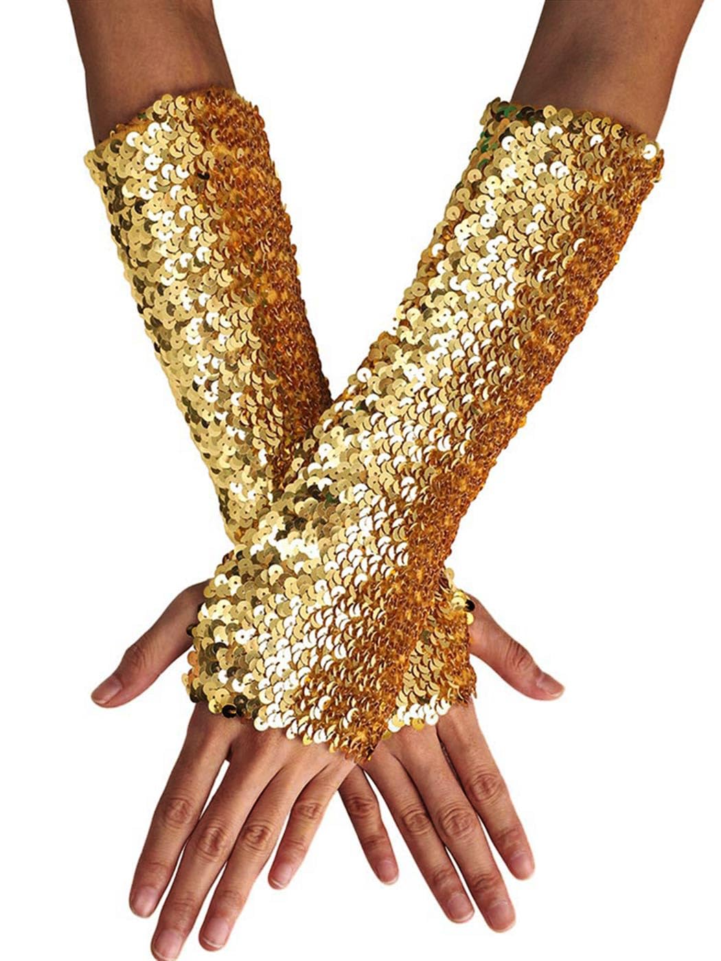 Yikisdy Sequins Fingerless Glove sparkly Gold Gloves Rave Mermaid Glove for Women (Gold)