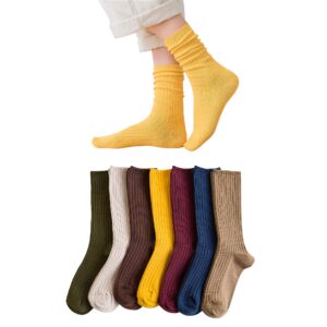 Norther30° Womens Cotton Crew Socks Soft Cotton Casual Solid Color Socks Stretchy Above Ankle Socks for Women Girls 7Pairs