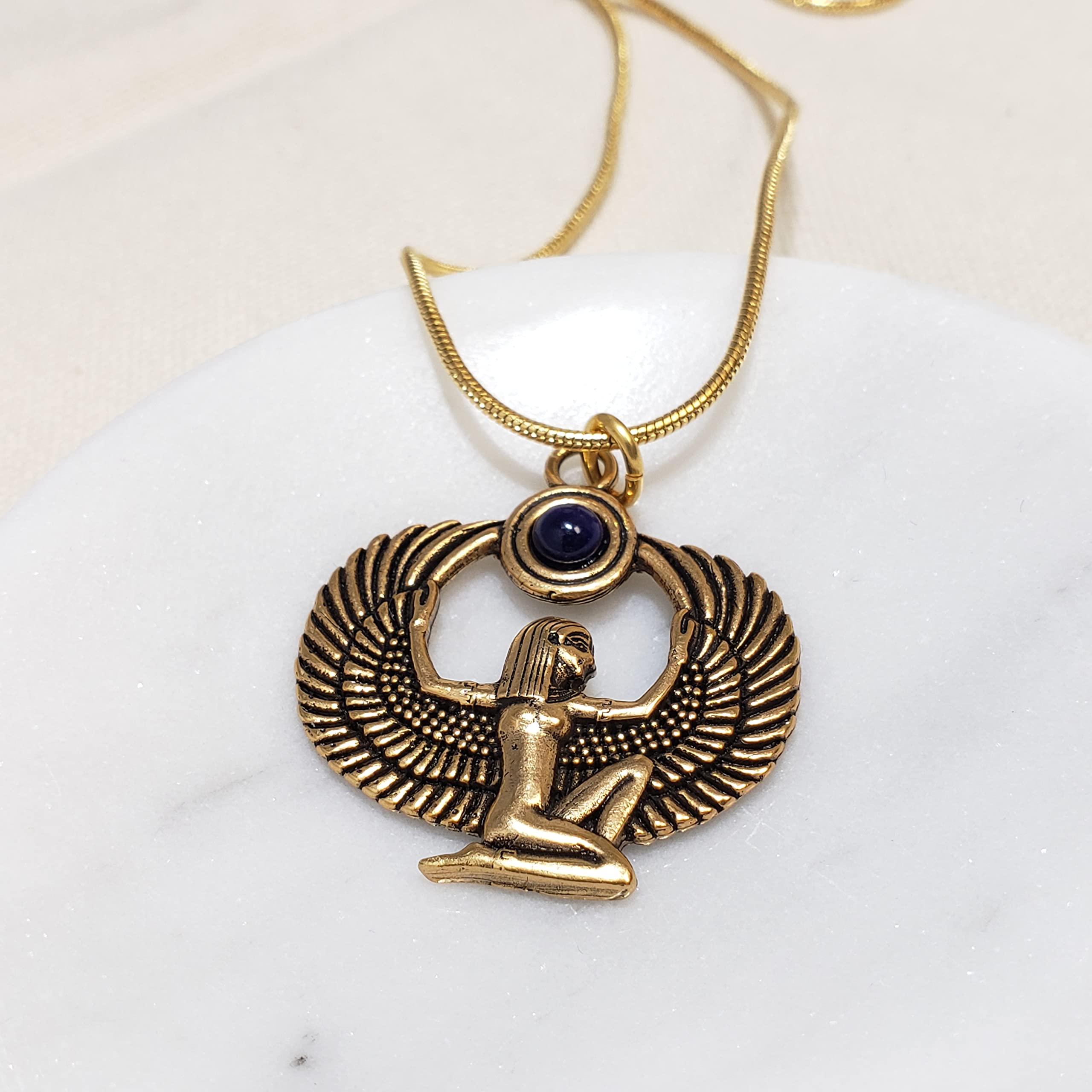 MUSEUM REPRODUCTIONS Egyptian Goddess Isis Pendant Necklace with Lapis - Antique Gold