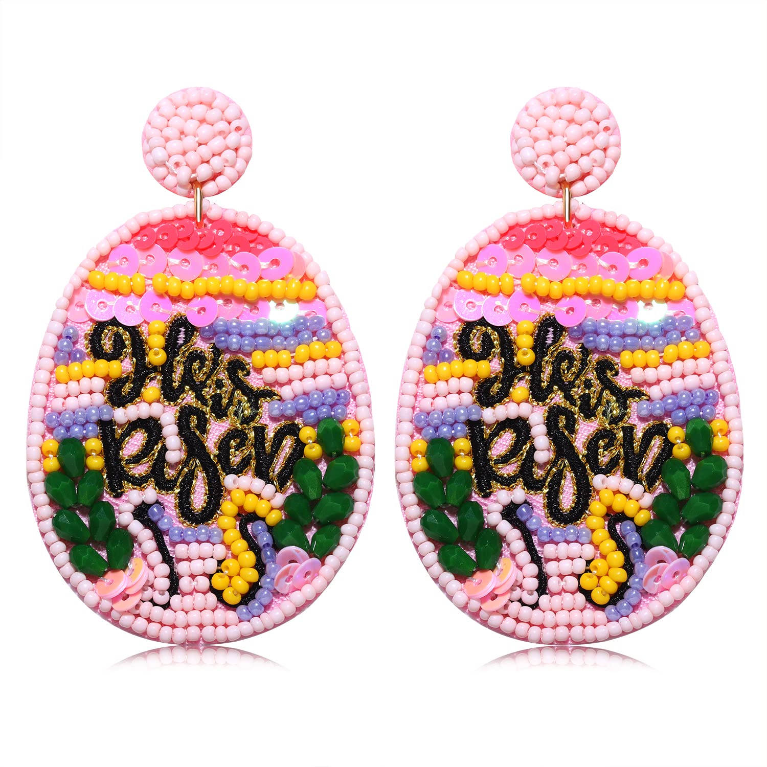 MOLOCH Easter Earrings for Women Easter Bead He IS Risen Earrings Colorful Beads Sequins Egg Dangling Earrings Spring Holiday Jewelry Girls Gift (pink)