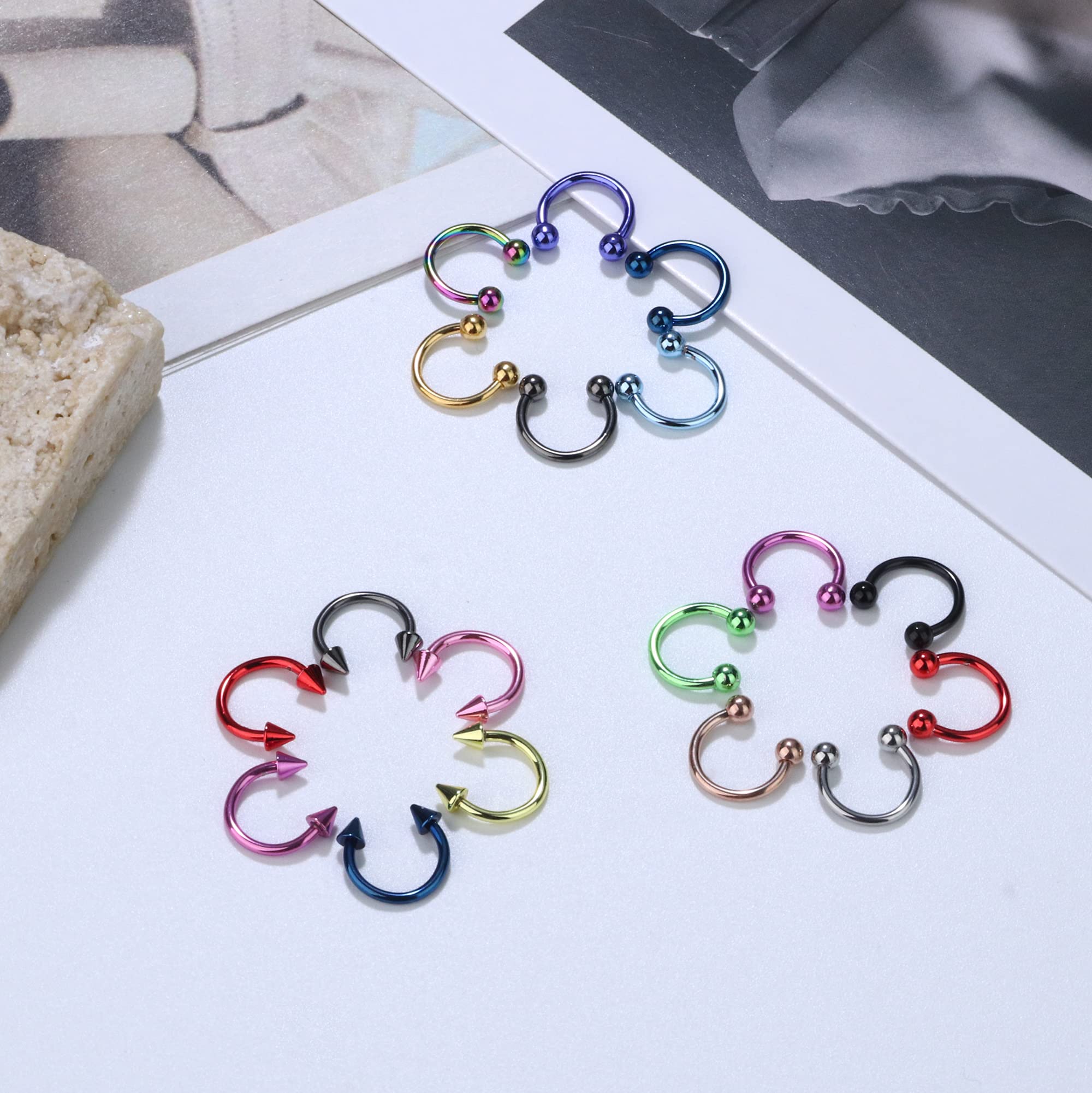 JOERICA 32PCS 16G Horseshoe Septum Rings Stainless Steel Nose Circular Barbells Rings Cartilage Tragus Helix Eyebrow Colorful Daith Earring Piercings Body Jewelry Ball/Arrow 8mm 10mm