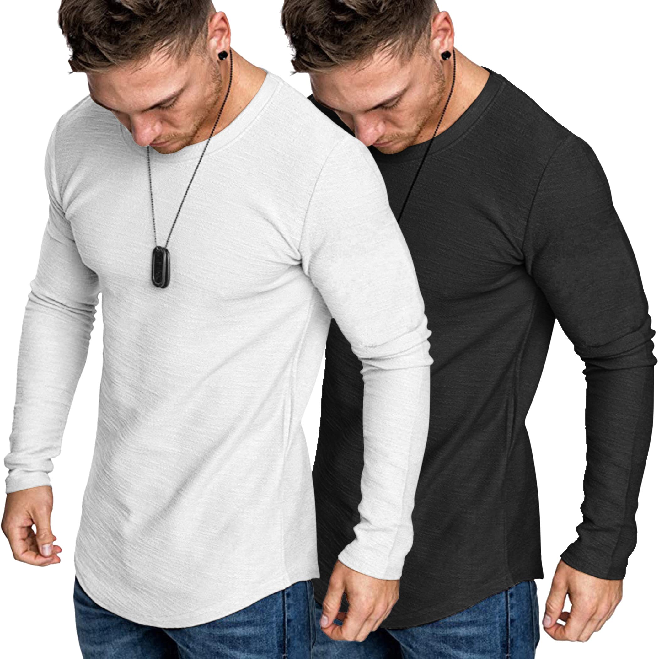 COOFANDY Men 2 Pack Fitted Muscle T Shirt Gym Workout Athletic Long Sleeves Tee Black/White