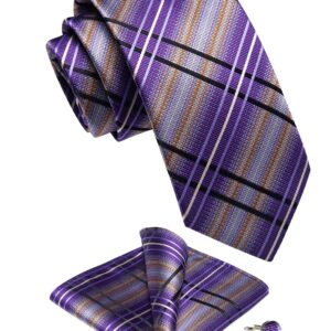 DiBanGu Men's Purple Plaid Tie and Pocket Square Tie Set Classic Checkered Lilac Purple Necktie