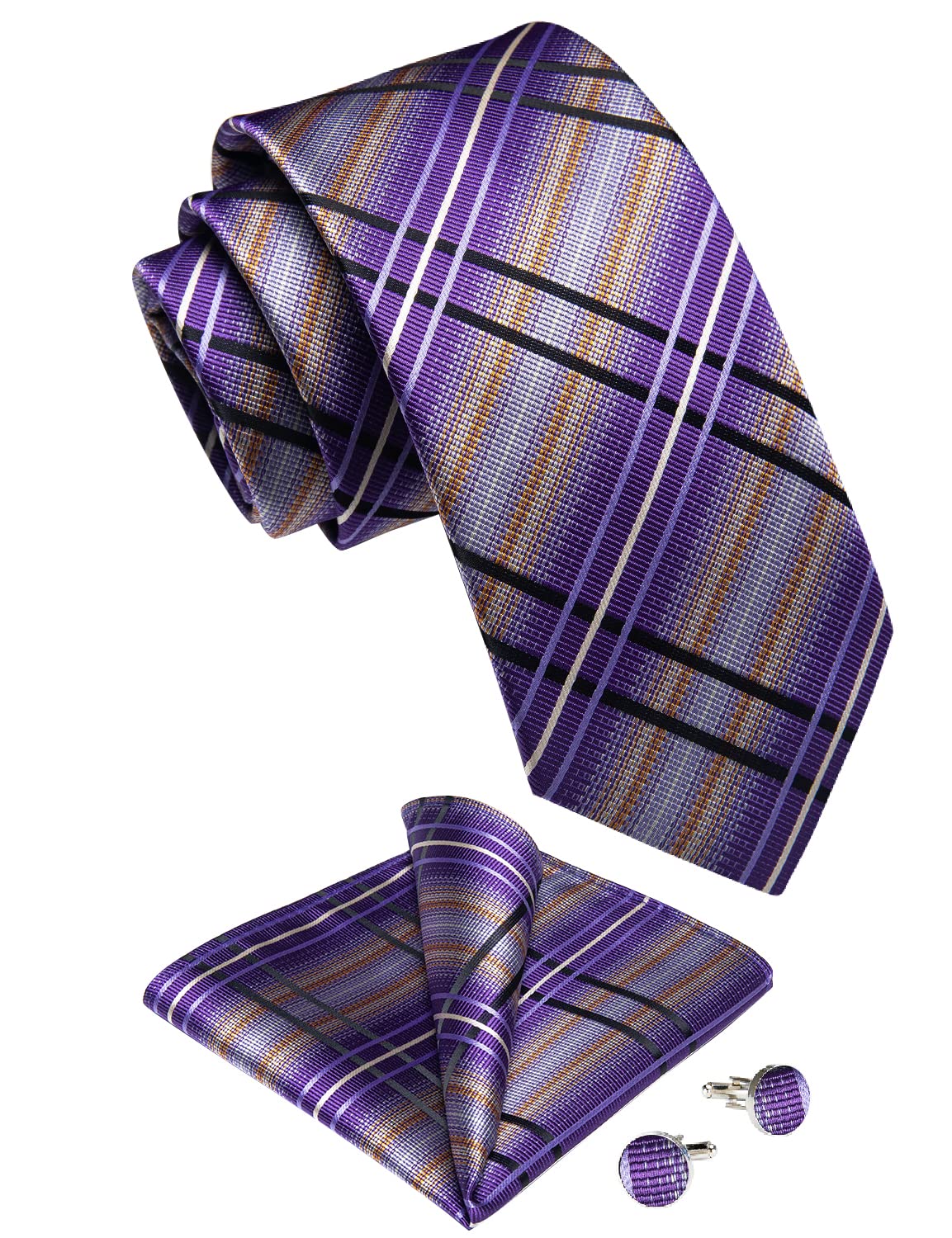 DiBanGu Men's Purple Plaid Tie and Pocket Square Tie Set Classic Checkered Lilac Purple Necktie