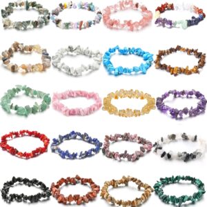 SAMOCO 20 PCS Natural Gemstone Bracelets Chakra Crystal Irregular Chips Beads Stretch Bracelets for Women Align Chakras Promote Communication