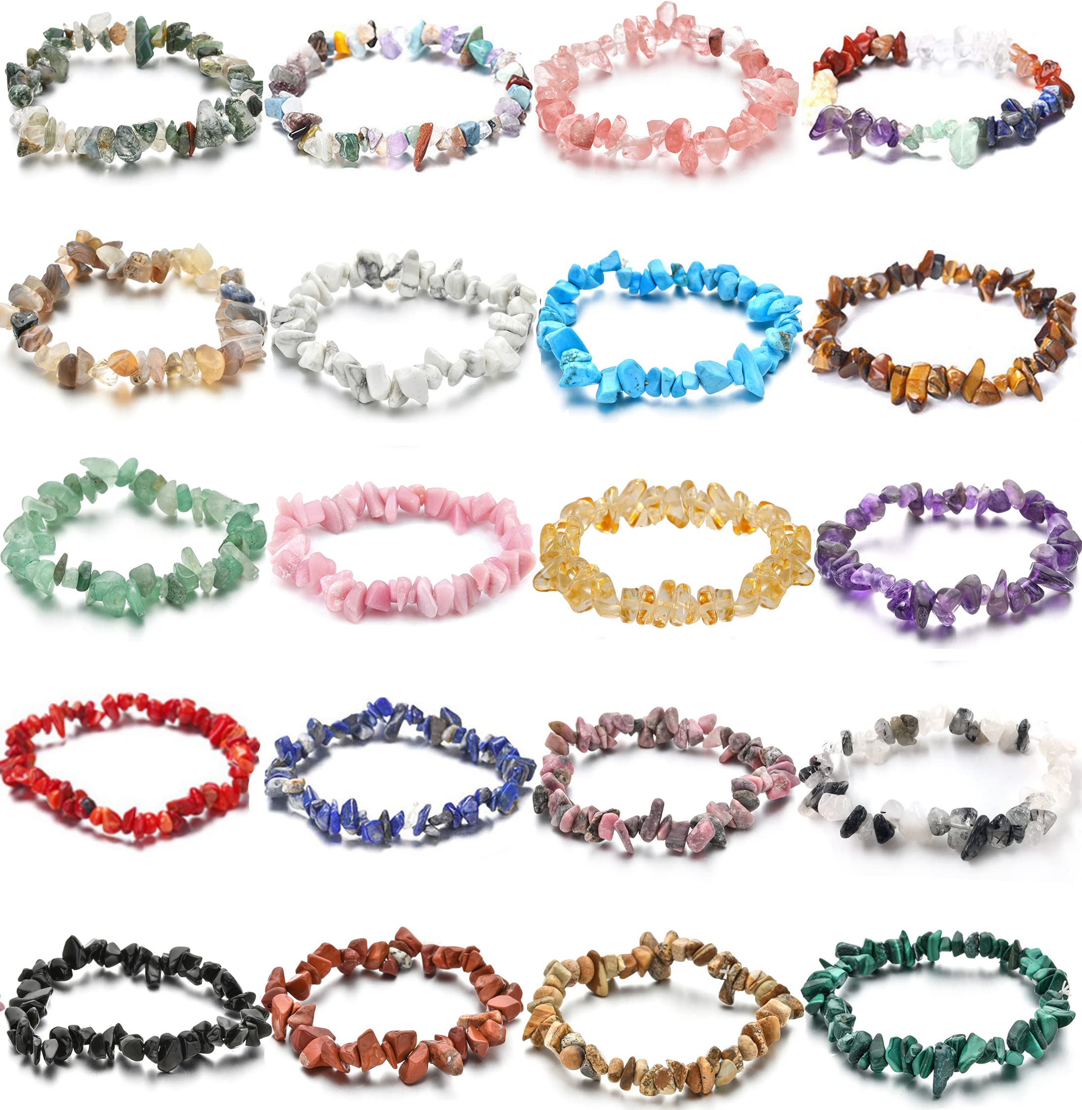 SAMOCO 20 PCS Natural Gemstone Bracelets Chakra Crystal Irregular Chips Beads Stretch Bracelets for Women Align Chakras Promote Communication