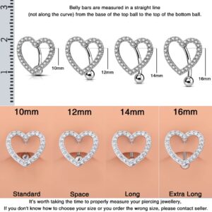 OUFER 16mm Belly Button Rings, Heart Reverse Navel Rings, Paved CZ Crystal Belly Piercing Jewelry, 14G Surgical Steel Curved Barbells for Women