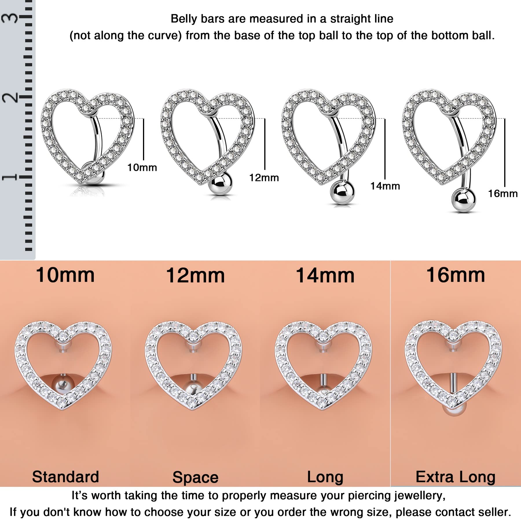 OUFER 16mm Belly Button Rings, Heart Reverse Navel Rings, Paved CZ Crystal Belly Piercing Jewelry, 14G Surgical Steel Curved Barbells for Women