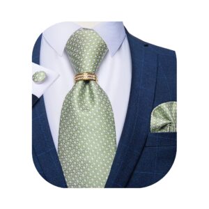 DiBanGu Mens Sage Green Solid Color Tie Set Formal Light Green Necktie and Pocket Square Cufflinks Tie Ring Set in Gift Box