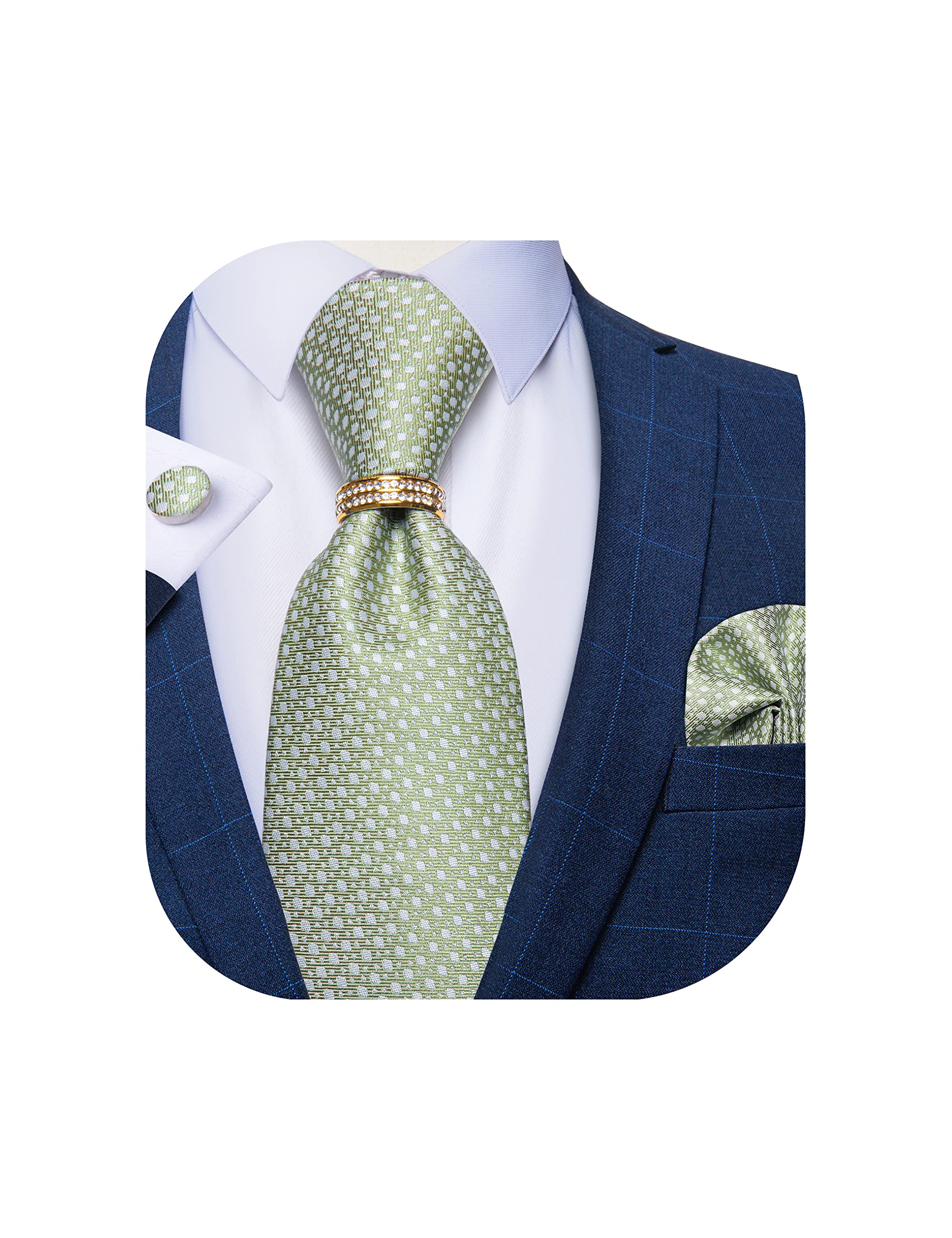 DiBanGu Mens Sage Green Solid Color Tie Set Formal Light Green Necktie and Pocket Square Cufflinks Tie Ring Set in Gift Box