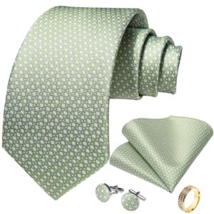 DiBanGu Mens Sage Green Solid Color Tie Set Formal Light Green Necktie and Pocket Square Cufflinks Tie Ring Set in Gift Box