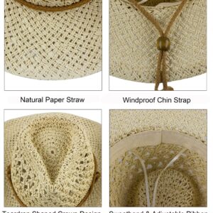 Muryobao Womens Summer Straw Hat Wide Brim Outdoor UV Protection Cowboy Sun Hat Foldable Packable Fedora Travel Beach Cap UPF 50+ with Wind Lanyard Khaki