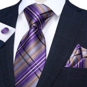 DiBanGu Men's Purple Plaid Tie and Pocket Square Tie Set Classic Checkered Lilac Purple Necktie