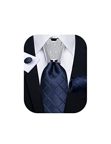 DiBanGu Navy Blue Plaid Ties for Men Silk Jacquard Woven Necktie and Pocket Square Set with Tie Accessories Cufflinks Formal Bussiness