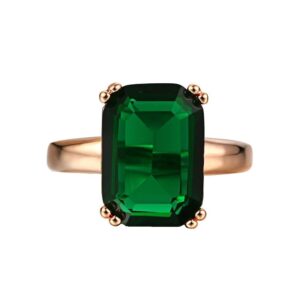 DCFSHEE Green Emerald-Shape Simulated Emerald Jewelry Ring with 18K Rose Gold Plated Silver Women's Engagement Solitaire Ring (US size 7)