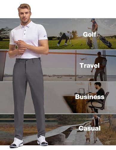 SPECIALMAGIC Golf Pants Men Stretch Slim fit Hiking Pants Lightweight Dress Casual Tapered Zipper Pockets Grey,34-32