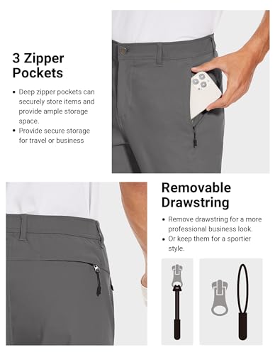 SPECIALMAGIC Golf Pants Men Stretch Slim fit Hiking Pants Lightweight Dress Casual Tapered Zipper Pockets Grey,34-32