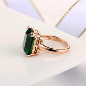 DCFSHEE Green Emerald-Shape Simulated Emerald Jewelry Ring with 18K Rose Gold Plated Silver Women's Engagement Solitaire Ring (US size 7)