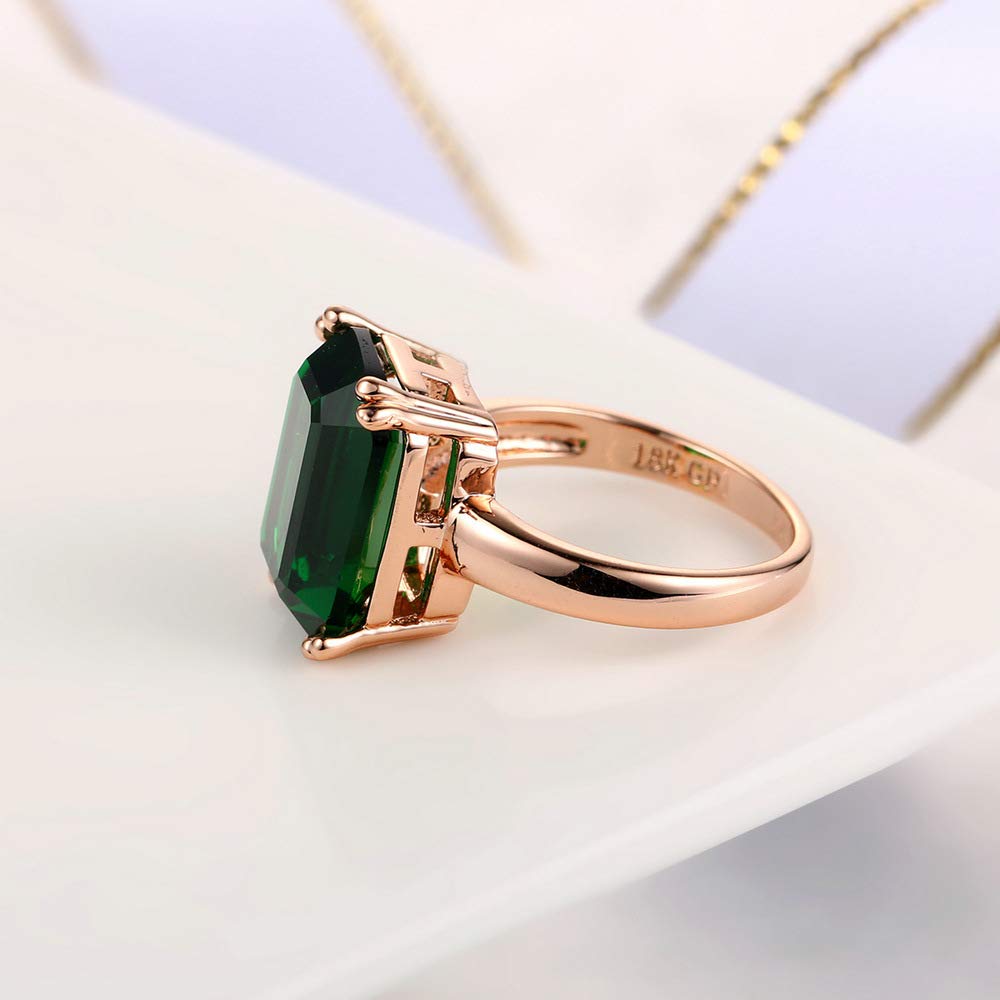 DCFSHEE Green Emerald-Shape Simulated Emerald Jewelry Ring with 18K Rose Gold Plated Silver Women's Engagement Solitaire Ring (US size 7)