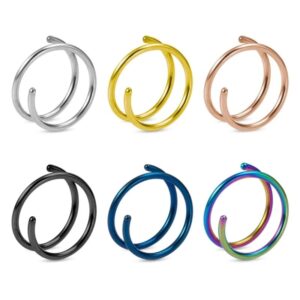 Double Nose Ring Hoops for Single Piercing Double Hoop Nose Ring 20 Gauge 8mm for Single Piercing Double Nose Ring Hoop Double Loop Spiral Nose Rings for Women Girls (20 Gauge 8mm, 6 Mixed Color)