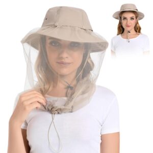 mosquito head net hat - bug cap upf 50+ sun protection with hidden netting for beekeeping hiking men & women khaki