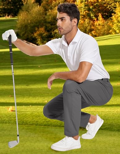 SPECIALMAGIC Golf Pants Men Stretch Slim fit Hiking Pants Lightweight Dress Casual Tapered Zipper Pockets Grey,34-32