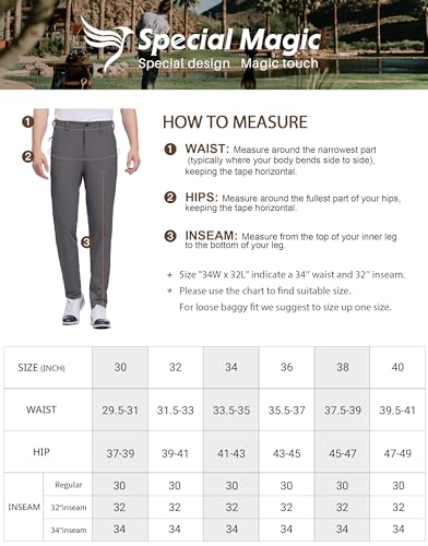 SPECIALMAGIC Golf Pants Men Stretch Slim fit Hiking Pants Lightweight Dress Casual Tapered Zipper Pockets Grey,34-32