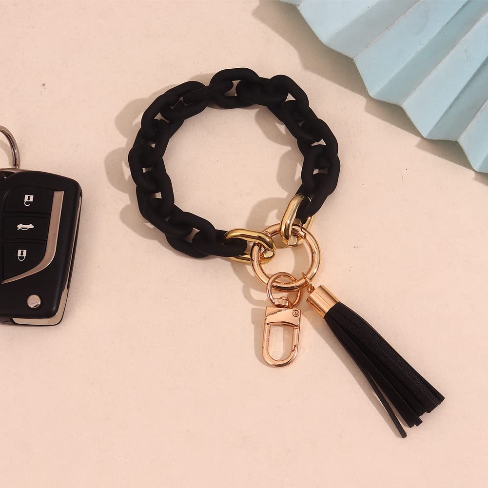 MythDone Chunky Chain Link Wristlet Keychain Acrylic Bangle Key Ring Bracelet Key Chain Cute Boho Modern Car Keychain Holder (Black)