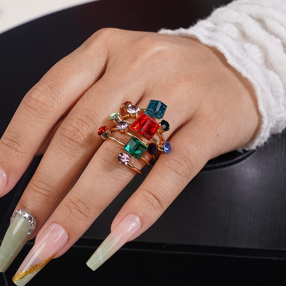 Jumwrit Gold Knuckle Ring Spiral Wrap Twist Ring Colorful Rhinestone Ring Open Finger Ring with Square Trendy Ring for Women Girls