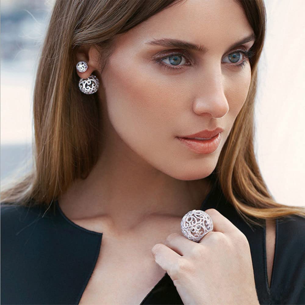 Ajojewel Double Sided Stud Earrings Balls Women Rhinestone Earing Fashion Jewelry (White Gold Plated)