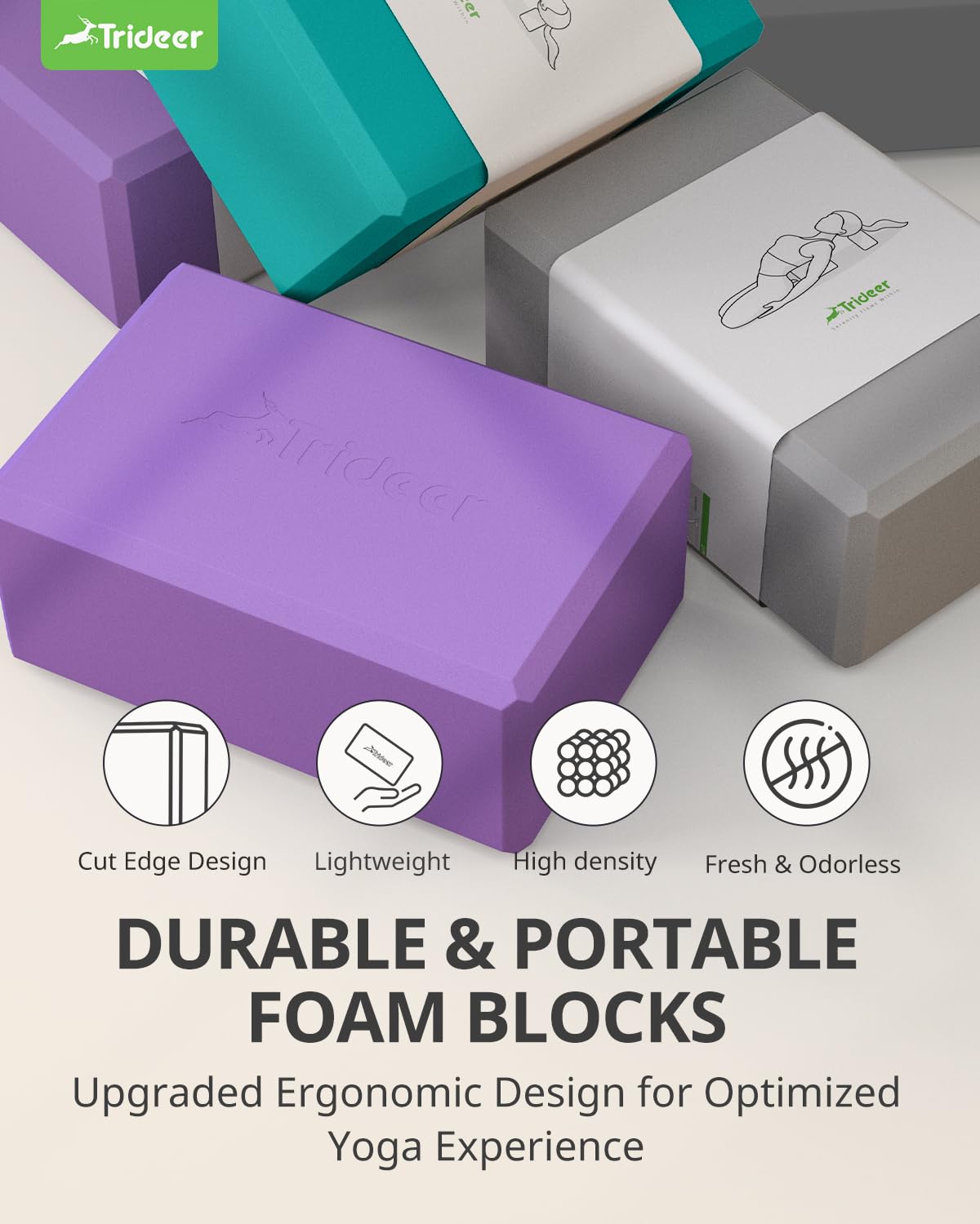 Trideer Yoga Blocks, Yoga Blocks 2 Pack, High Density EVA Foam Blocks, Supportive, Lightweight & Odor Resistant, Yoga Essentials for Yogi & Yogini, Yoga Accessories 9"x6"x3" (Gray)