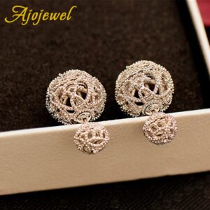 Ajojewel Double Sided Stud Earrings Balls Women Rhinestone Earing Fashion Jewelry (White Gold Plated)