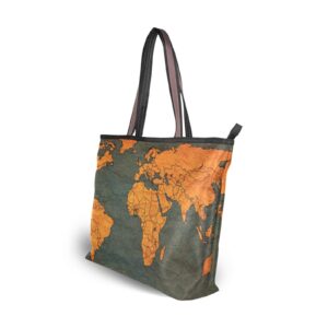 Tote Bag Rock World Map Print, Large Capacity Zipper Women Grocery Bags Purse for Daily Life 2 Sizes