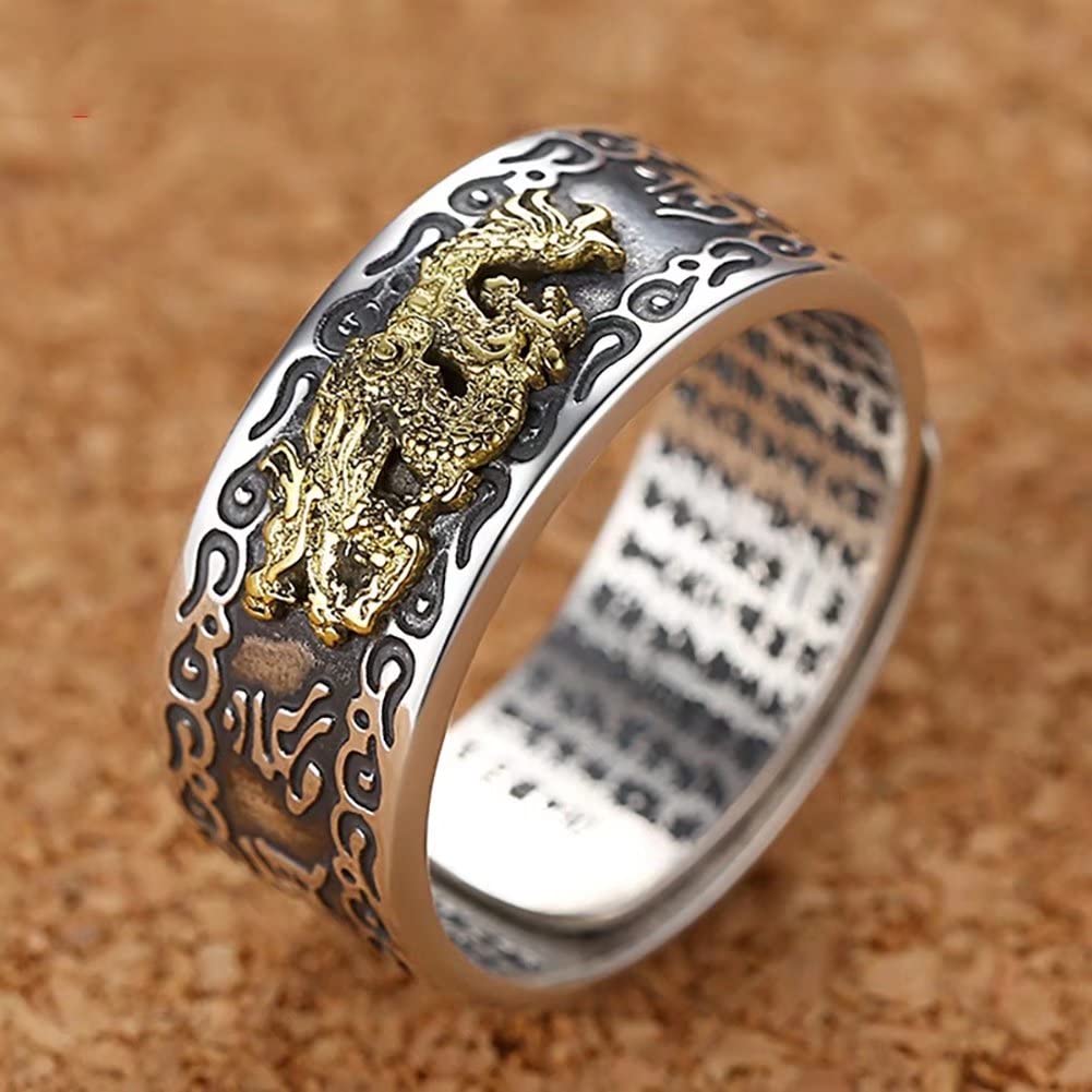 JUNTEN 990 Sterling Silver Feng Shui Dragon Mantra Ring for Women Men Buddhist Mani Adjustable Ring Wealth Lucky Jewelry