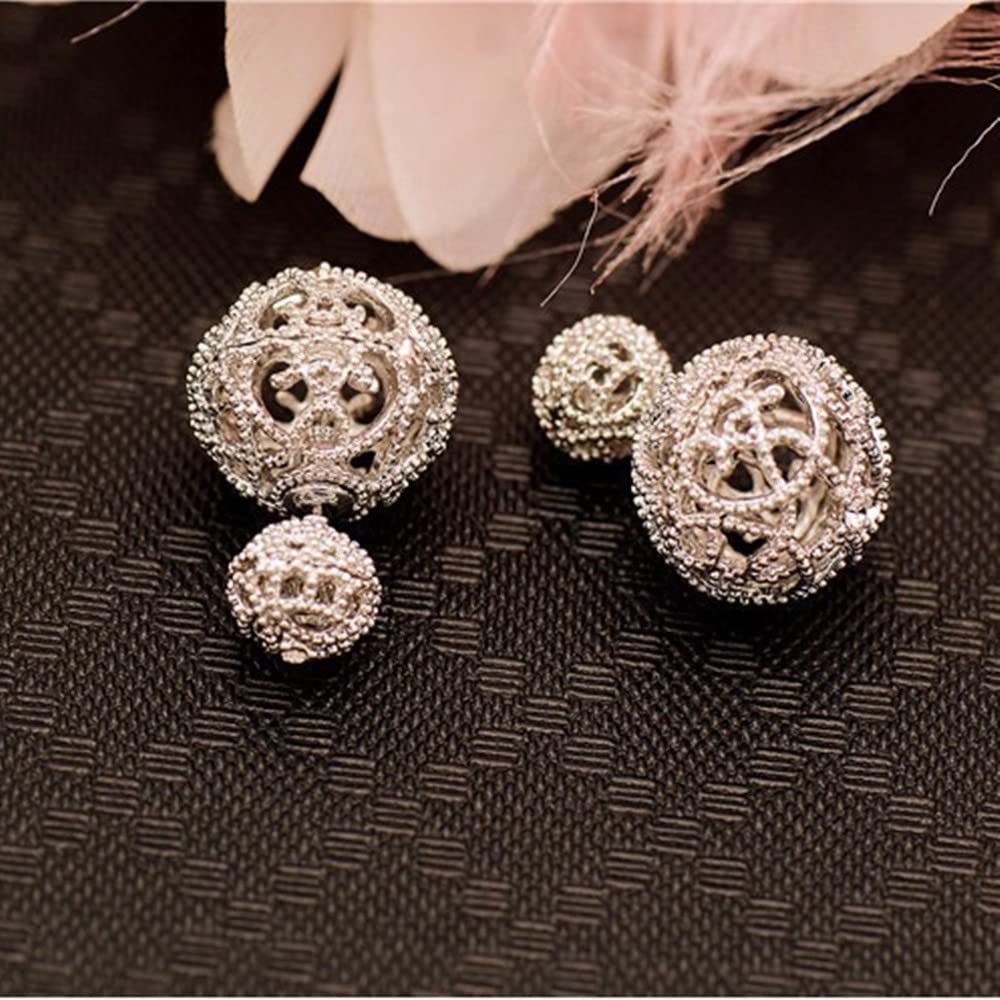 Ajojewel Double Sided Stud Earrings Balls Women Rhinestone Earing Fashion Jewelry (White Gold Plated)