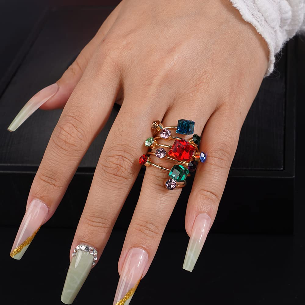 Jumwrit Gold Knuckle Ring Spiral Wrap Twist Ring Colorful Rhinestone Ring Open Finger Ring with Square Trendy Ring for Women Girls