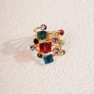 Jumwrit Gold Knuckle Ring Spiral Wrap Twist Ring Colorful Rhinestone Ring Open Finger Ring with Square Trendy Ring for Women Girls