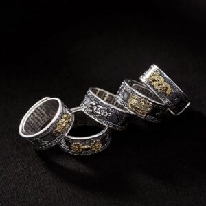 JUNTEN 990 Sterling Silver Feng Shui Dragon Mantra Ring for Women Men Buddhist Mani Adjustable Ring Wealth Lucky Jewelry