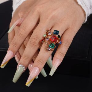 Jumwrit Gold Knuckle Ring Spiral Wrap Twist Ring Colorful Rhinestone Ring Open Finger Ring with Square Trendy Ring for Women Girls