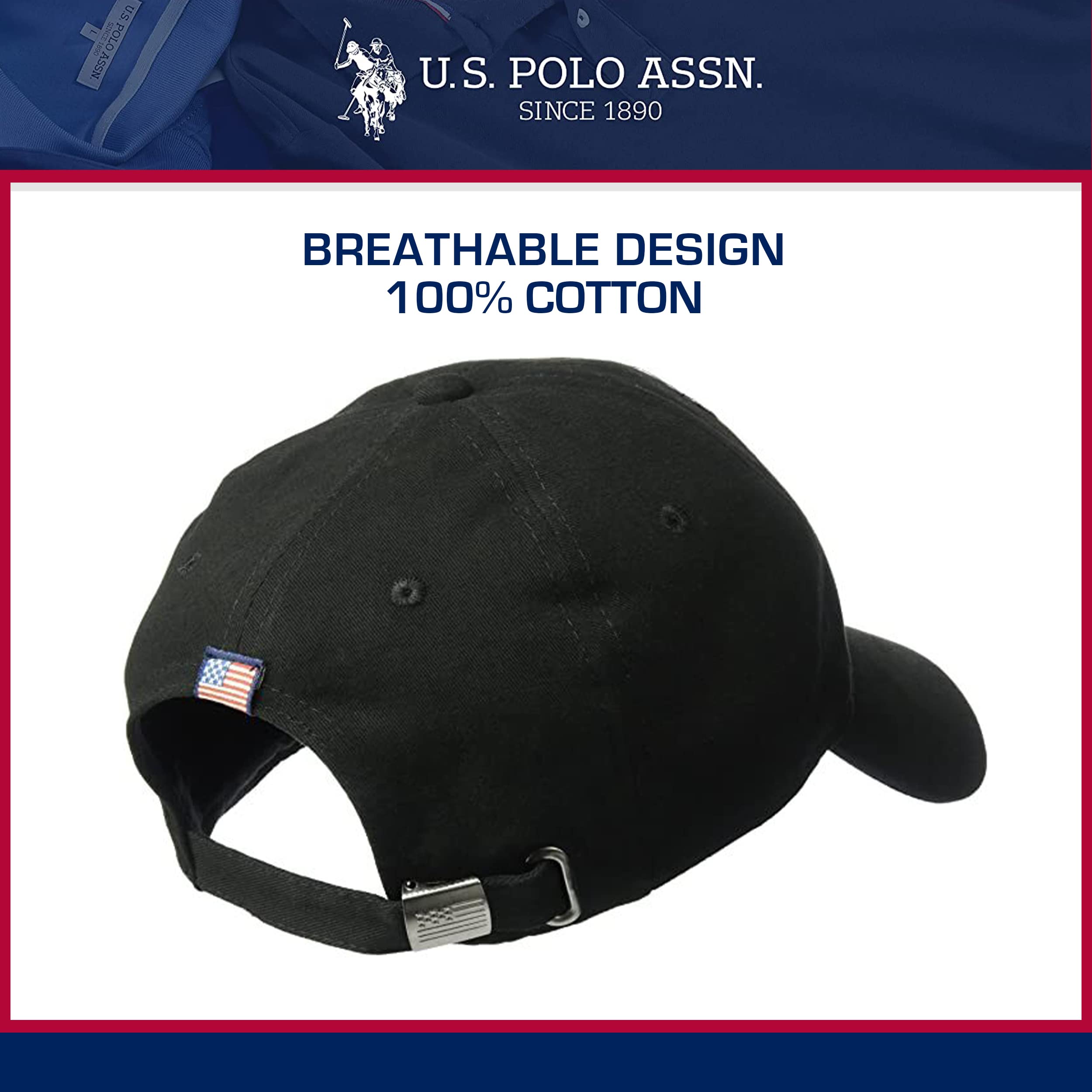 U.S. Polo Assn. Dad Hat, Embroidered Horse Logo Adjustable Adult Baseball Cap with Diagonal Accent Stripes, Black, One Size