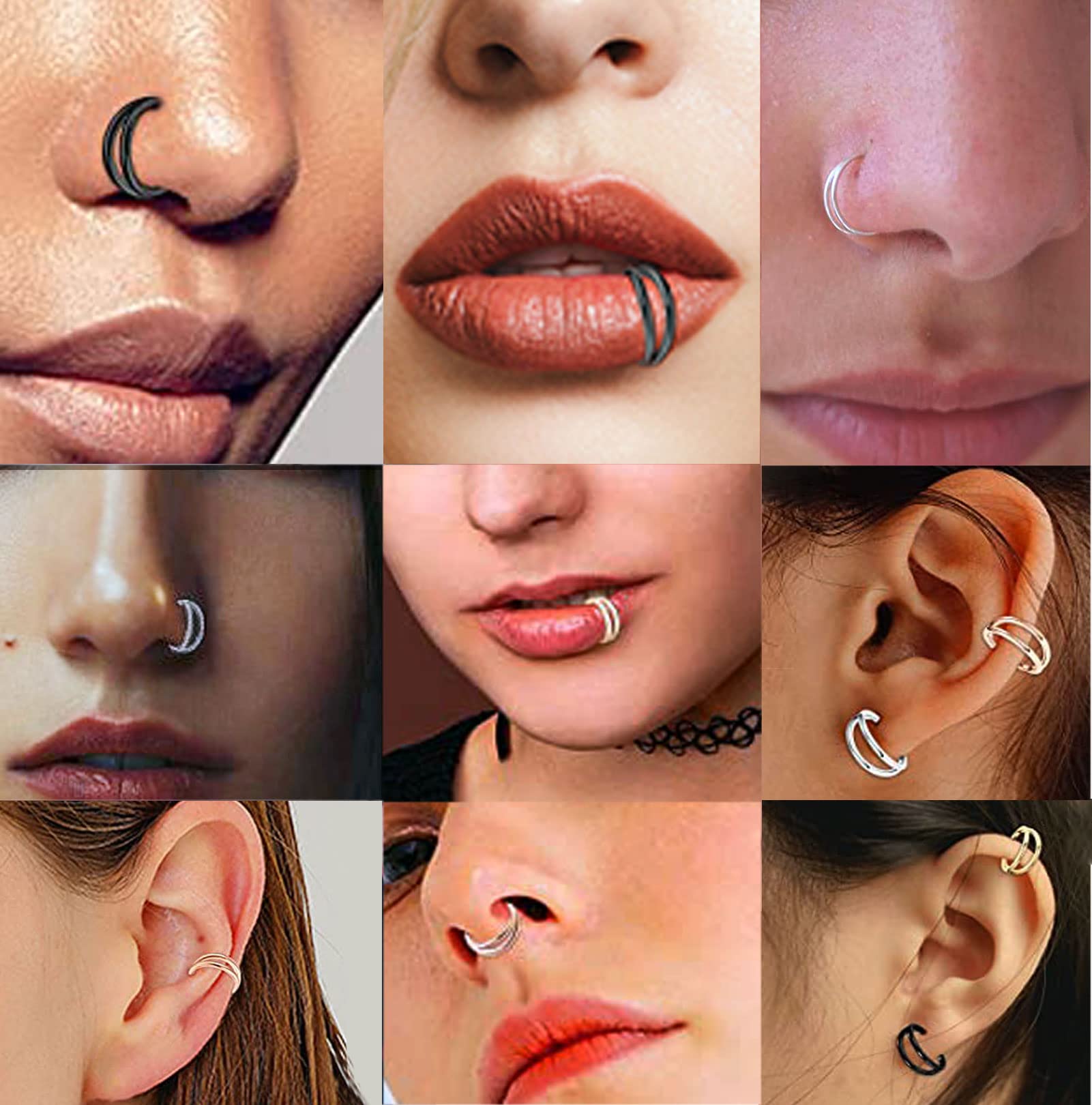 Carper Nose Ring Hoop Nose Ring Double Nose Ring for Single Piercing Clicker Double Septum Ring Jewelry(18g Black 8mm)