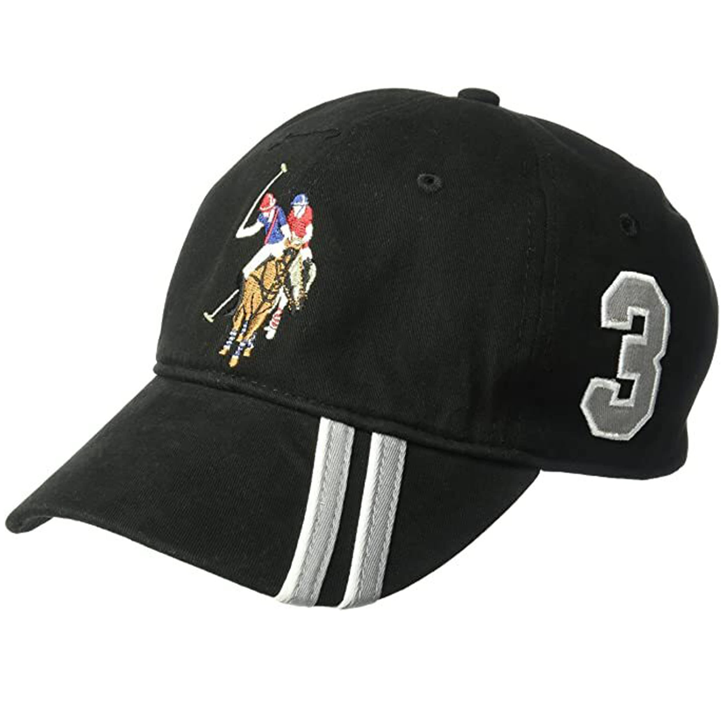 U.S. Polo Assn. Dad Hat, Embroidered Horse Logo Adjustable Adult Baseball Cap with Diagonal Accent Stripes, Black, One Size