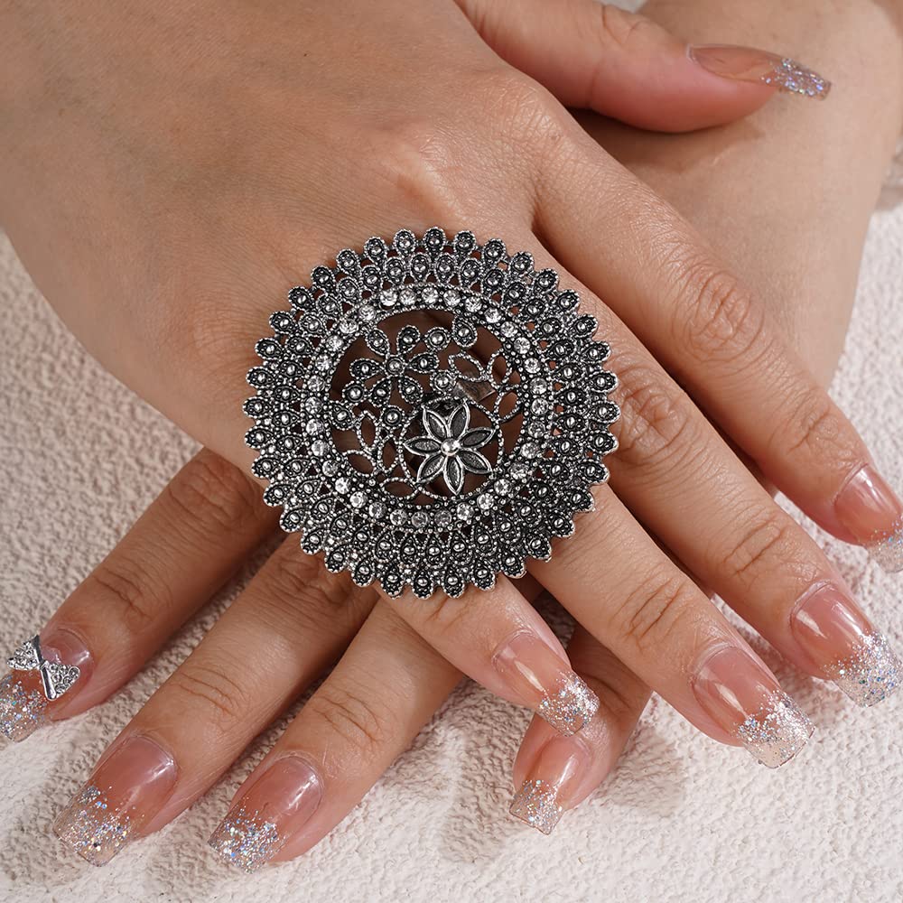 Jumwrit Rhinestone Big Round Ring Open Wrap Ring Vintage Ring with Flower Engraved Statement Ring Adjustable Finger Ring Indian Ring for Women and Girls（Silver）